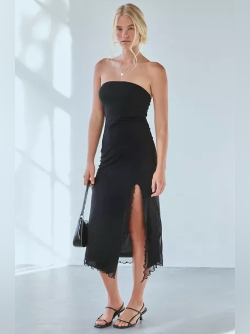 Urban Outfitters Black Strapless Midi Dress Lettuce Hem Sheer Slit Medium